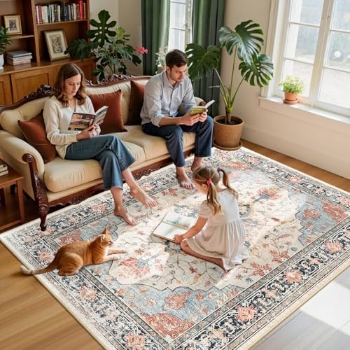 Washable Area Rug (Beige/Blue/Orange / 6' x 9' (Rectangular))
