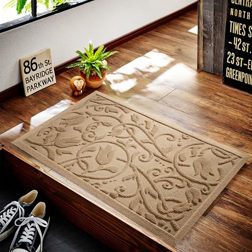 Boho Beige Floral Leaves Outdoor Indoor Entrance Doormats (Tulip-beige / 1'5" x 2'6" (Rectangular))