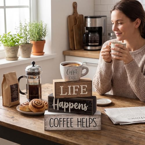 4 Pcs Wooden Coffee Bar Signs Farmhouse Table Decor Blocks (Coffee Lover)