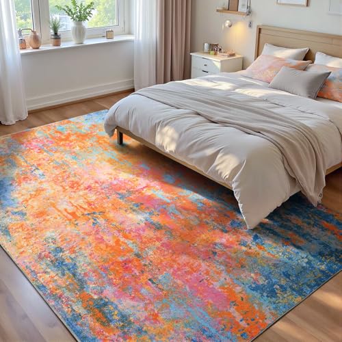 Living Room Rug 5x7 Rainbow Area Rugs Washable Boho Colorful Rug Non Slip Abstract Vintage Indoor Large Carpet for Bedroom (Rainbow / 5' x 7' (Rectangular))