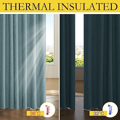 100% Absolutely Blackout Linen Curtains with Thermal Insulated White Liner (52"W x 120"L (Pack of 2) / Skylark Blue)