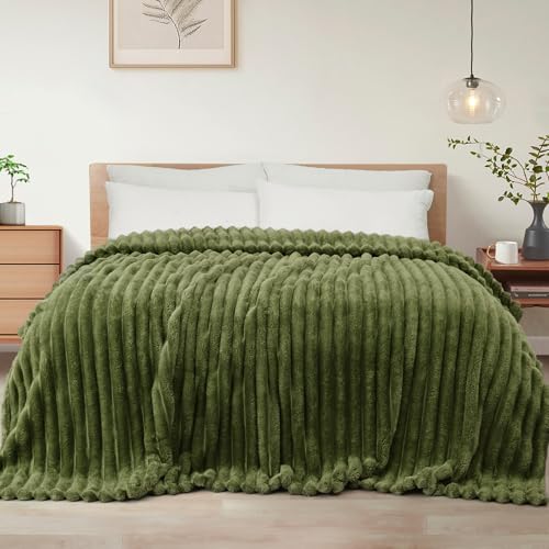 Striped King Size Fleece Blanket for Bed (Olive Green / King ( 90x104 IN ))