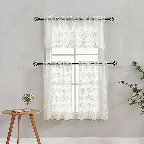 Vintage Lace Curtains Short 2 Panels Victorian Floral Farmhouse Cafe 30 inch Curtains for Basement (Ivory / 26"W x 30"L (Pack of 2))