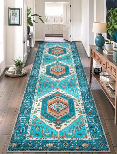 2'6"x10' Washable Non Slip Boho Runner Rug for Hallway (Blue/Multi / 2'6" x 10' (Runner))