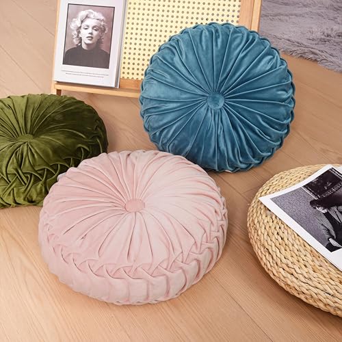 Set of 2 Pink Velvet Decorative Round Pleated Throw Pillows (Pink)