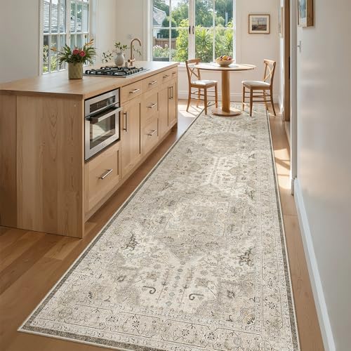 Hallway Runner Rug 3x12 Washable Kitchen Runners 12ft (Ivory/Brown / 3' x 12' (Runner))