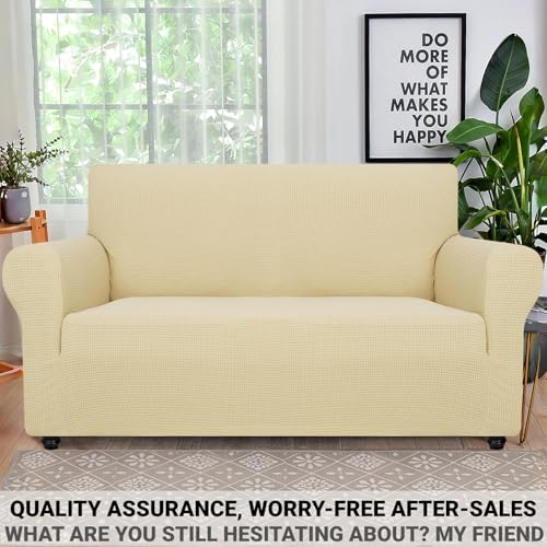 Super Stretch Couch Cover Love Seat Sofa Covers for Living Room Dogs Pet Friendly Furniture Protector Spandex Loveseat Slipcovers with Anti Slip Foam Sticks (Beige / Medium (57"-70"))