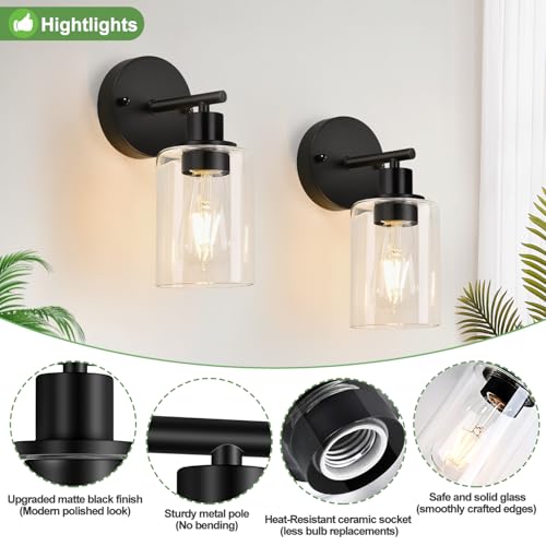 Set of 2 Wall Sconces for Bathroom (Matte Black / 1-light)