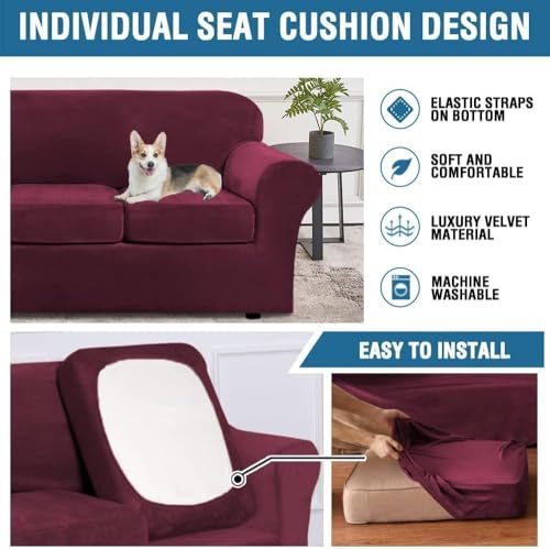 High Stretch Sofa Slipcover 4 Piece Cover Velvet Furniture Protector Form Fit Thick Velvet Extra Large Sofa Cover for 3 Cushion Couch Width Up to 97 Inch (3 Cushion Large Sofa / Wine/Burgundy)