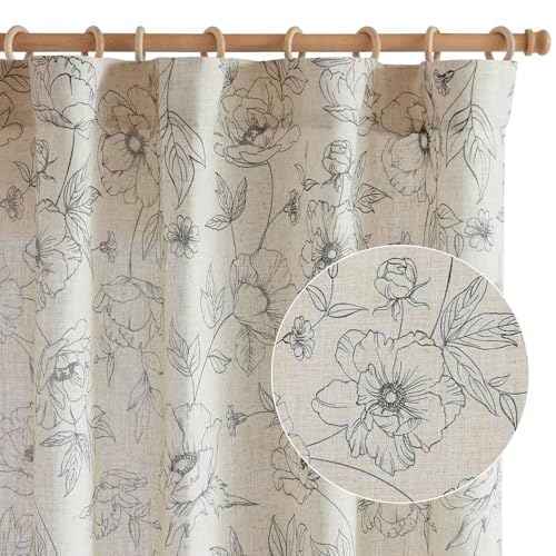 Linen Floral Curtains for Living Room 84 Inch Length Grey Flower Curtain Rod Pocket Back Tab Farmhouse Curtains with Printed Floral Bedroom Window Curtain Set (Penny Grey on Ecru / 50"W x 84"L (Pack of 2))