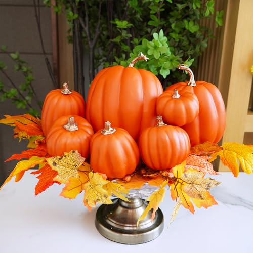 7 Pcs Assorted Harvest Orange Artificial Pumpkins Decorative Pumpkins Foam Pumpkins with Gold Stems for Fall Harvest Autumn Home Wedding Thanksgiving Halloween Party Table Centerpiece Décor (Dark Orange)