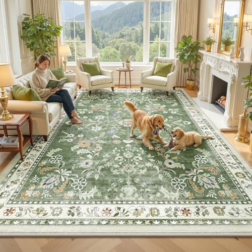 8x10 Washable Area Rug for Living Room Floral Carpet Sage Green (Green / 8' x 10')