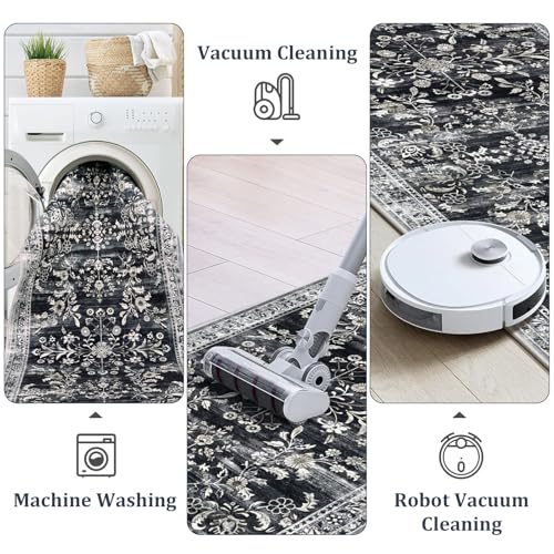 2x10 Washable Hallway Runner Rug Non Slip Floral Carpet (Navy/Black / 2' x 10')