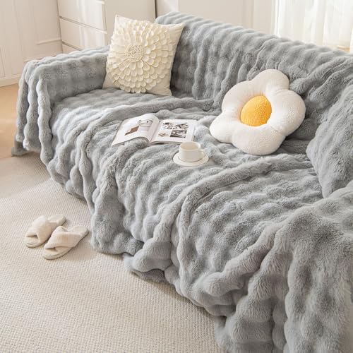 Plush Sofa Covers Washable Rabbit Plush Couch Cover Soft Cozy Faux Fur Couch Protector for Dogs Fluffy Plush L Shaped Sofa Cover Pet Friendly Couch Protector Furniture (71" x 150" / Z-plush:gray)