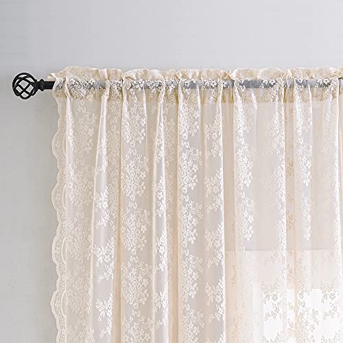 Vintage Lace Curtains 63 Inch Length 2 Panels Set Cute Floral Designs Dusty Pink Sheer Curtain Panels for Girls Bedroom with Wavy Edge Rod Pocket (Dusty Pink / 52"W x 63"L (Pack of 2))
