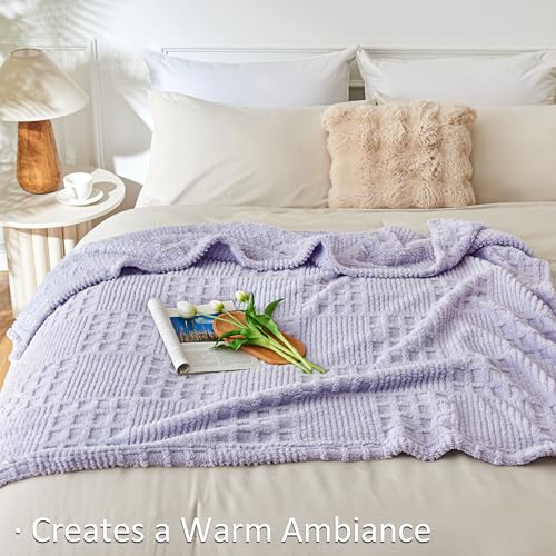 Purple Fleece Throw Blanket for Couch or Bed Waffle Pattern Decor (02-light Purple / Throw)