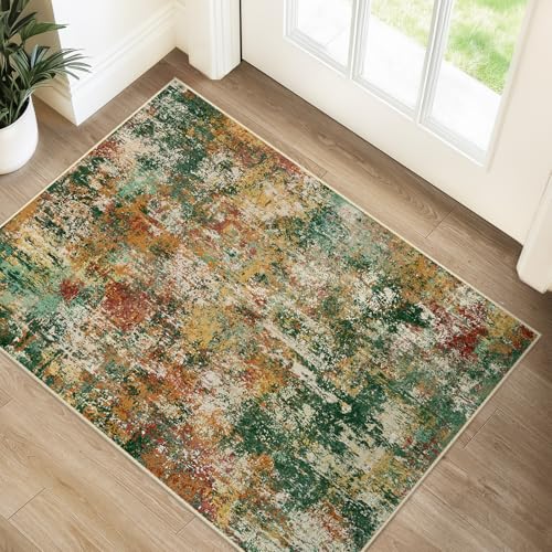 Washable 2'x3' Abstract Area Rug for Living Room Green Multi (Green/Orange/Red/Blue / 2' x 3' (Rectangular))