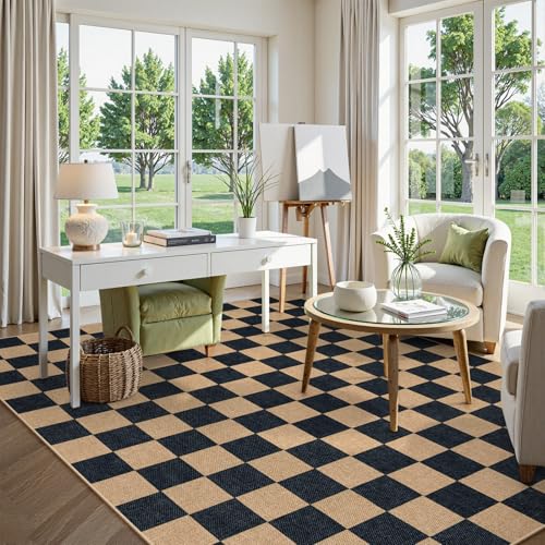 Checkered Easy Jute Living Room Rug (8' x 10' (Rectangular) / Black/Checkerboard -1)