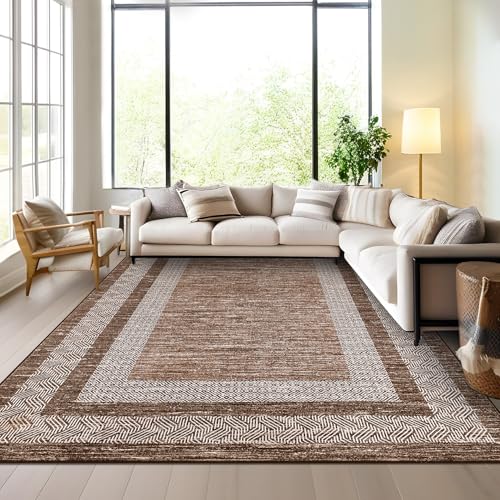 Area Rug 5x7 Distressed Bordered Washable Non Slip Floor Carpet (Dark Brown / 5' x 7' (Rectangular))