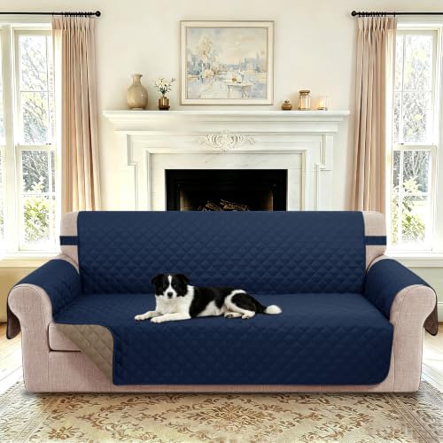 Reversible Sofa Cover for 3 Cushion (Navy/Camel / Sofa L - Large (68''))