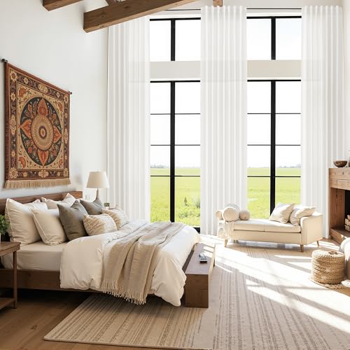 Extra Long Beige White Linen Curtains 144 Inch for Living Room 2 Panels Set Rod Pocket Back Tab Light Filtering Semi Sheer Curtain Privacy Floor to Ceiling High Ceiling Drapes for Farmhouse 52x144 (52"W x 144"L (Pack of 2) / Beige White)