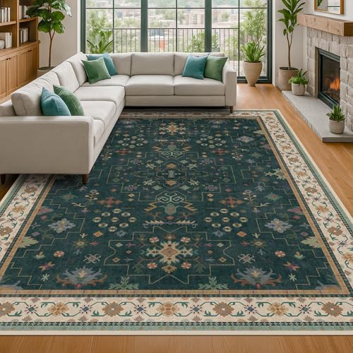 Dark Green Vintage 8x10 Washable Rugs for Living Room (8' x 10' (Rectangular) / Dark Green)