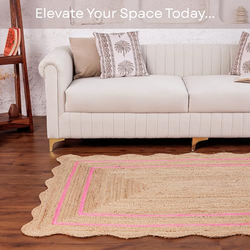 Wave Scalloped Jute Rug Entryway Natural Boho Area Rug Dark Pink 3'x5' (3'x5' / Dark Pink)