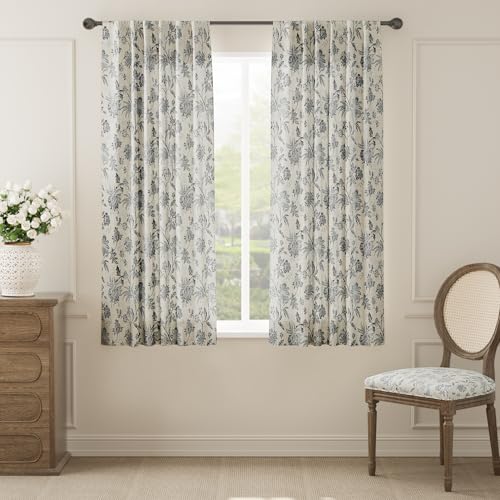 Black Floral Linen Curtains 63 Inch Vintage Back Tab 2 Panels (*Jacobean Black / 50"W x 63"L (Pack of 2))