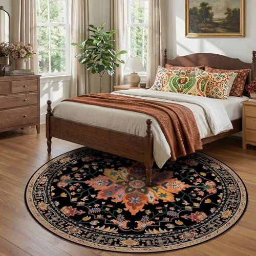 Washable Area Rug (Black/Colorful / 8' (Round))