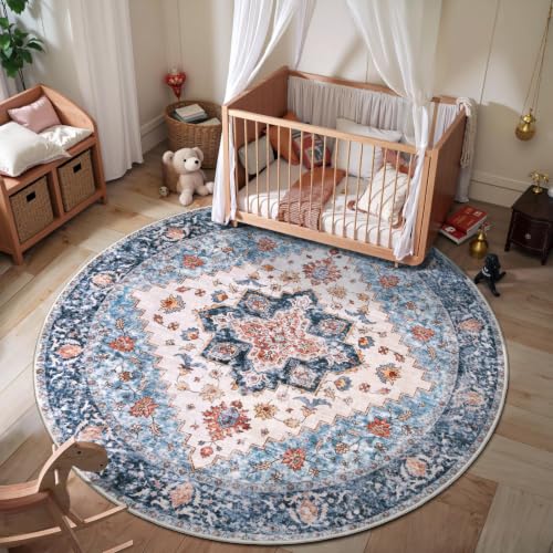 4ft Washable Non Slip Round Boho Area Rug for Bedroom (Blue/Orange / 4' (Round))