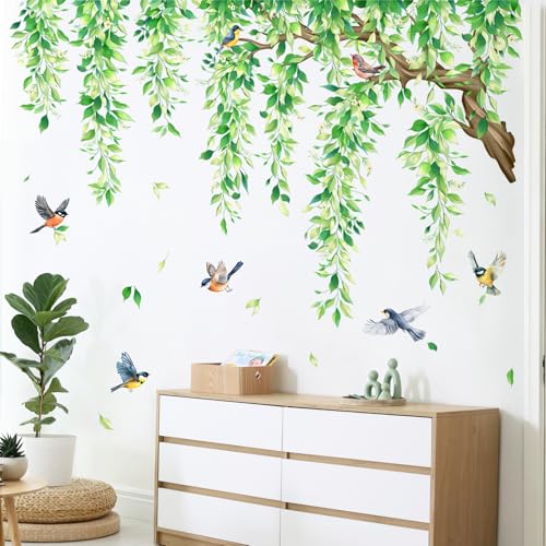 Large Tree Branch Wall Decals Hanging Green Vine Leaves Birds Wall Stickers for Living Room Bedroom Sofa TV Backdrop Decor