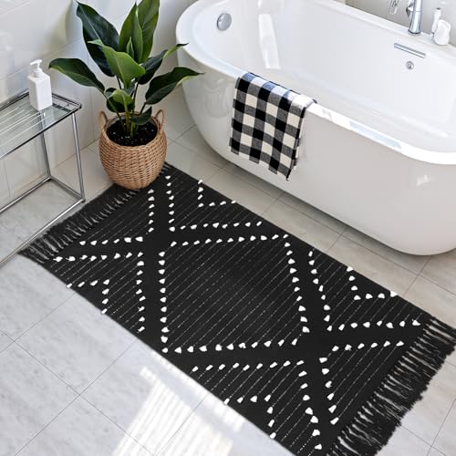 Boho Kitchen Rug 2' x 4.3' Washable Bathroom Runner with Tassel (Black / 2' x 4'3'' (Runner))
