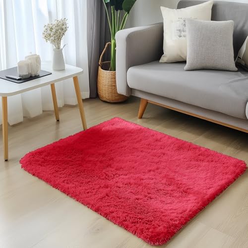 2x3 Machine Washable Small Bedside Rug (2x3 Ft / Red)