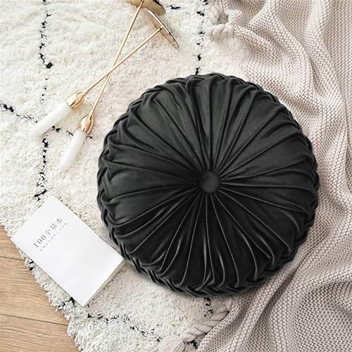 Set of 2 Black Velvet Decorative Round Pleated Throw Pillows (Black)