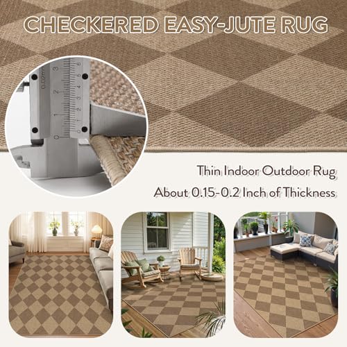 Checkered Easy Jute 5x7 Outdoor Patio Rug (5' x 7' (Rectangular) / Nature/Checkerboard -2)