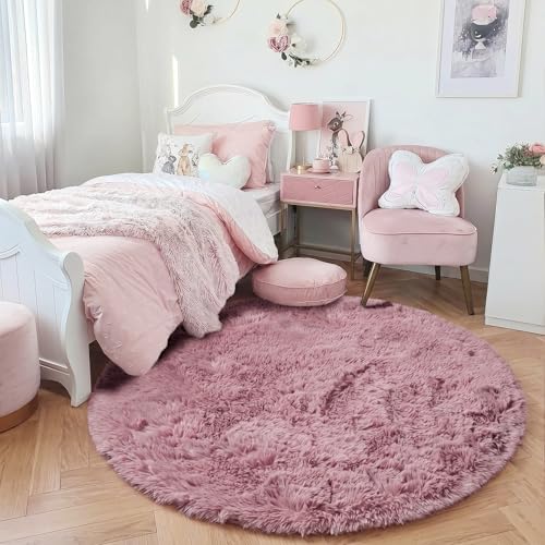 Mauve Pink Round Plush Rug 5Ft for Girls Bedroom Nursery Playroom (Mauve Pink / 5' (Round))