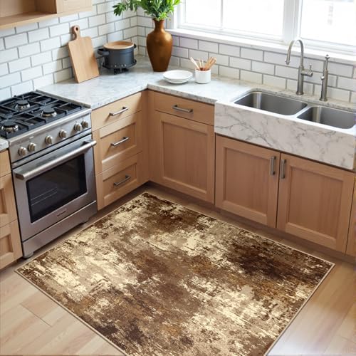 Washable 3'x5' Abstract Area Rug for Living Room Brown Tan (Brown/Tan / 3' x 5' (Rectangular))