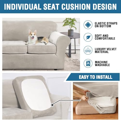 High Stretch Sofa Slipcover 4 Piece Cover Velvet Furniture Protector Form Fit Thick Velvet Extra Large Sofa Cover for 3 Cushion Couch Width Up to 97 Inch (3 Cushion Large Sofa / Oatmeal)