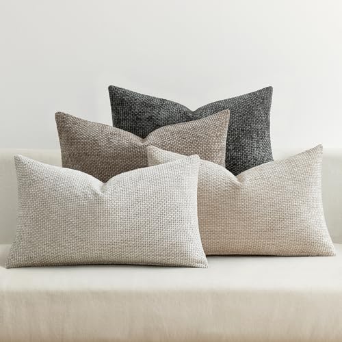 Decorative Chenille Lumbar Pillow Covers Neutral 12x20 Pack of 4 (20" x 12" (Pack of 4) / Neutral)