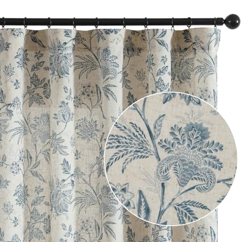 Blue Floral Linen Curtains 84 Inch Vintage Back Tab 2 Panels (*Jacobean Blue on Beige / 50"W x 84"L (Pack of 2))