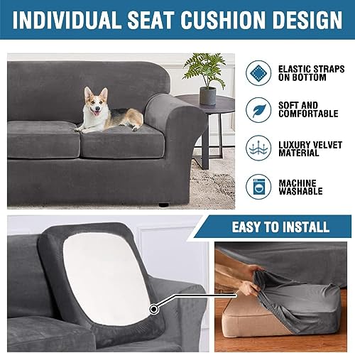 High Stretch Sofa Slipcover 4 Piece Cover Velvet Furniture Protector Form Fit Thick Velvet Extra Large Sofa Cover for 3 Cushion Couch Width Up to 97 Inch (3 Cushion Large Sofa / Grey)