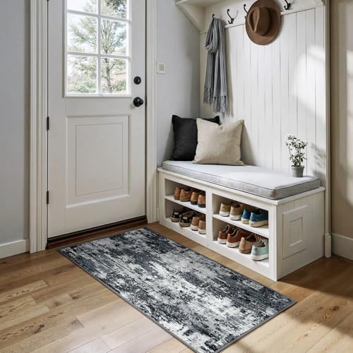 Washable 2'x5' Abstract Area Rug for Living Room Black White (Black/Navy Blue/Gray / 2' x 5' (Rectangular))