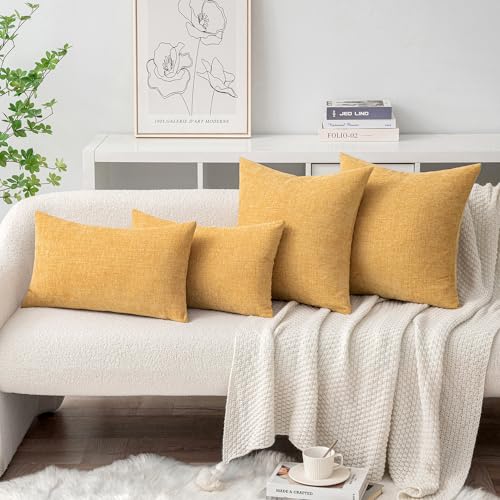 Soft Chenille Throw Pillow Covers Beige Yellow 16x16 Inch Pack of 2 (16" x 16" (Pack of 2) / Beige Yellow)