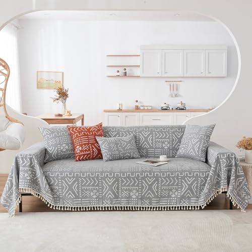 Bohemian Grey and White Couch Cover for Dogs Aztec Tribal Sofa Covers for 3 Cushion Couch Aesthetic Tassel Couch Slipcover Sofa Seat Cover Universal Loverseat Cover Futon Cover (71" x 150" / Tassel 2:grey/White)