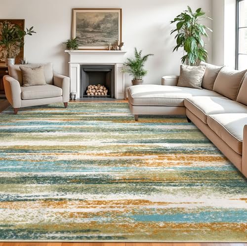 Modern Abstract 9x12 Large Machine Washable Living Room Rug Non (9' x 12' (Rectangular) / Green Teal Mustard Multi)