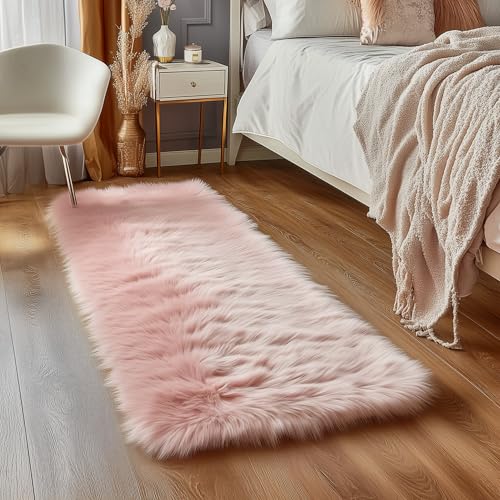 Pink Fluffy Fuzzy Furry Runner Rug 2X6 Light Pink Faux Sheepskin Fur Rug for Girls Bedroom Bedside Rug Plush Shaggy Washable Rectangle (2' x 6' (Rectangular) / Light Pink)