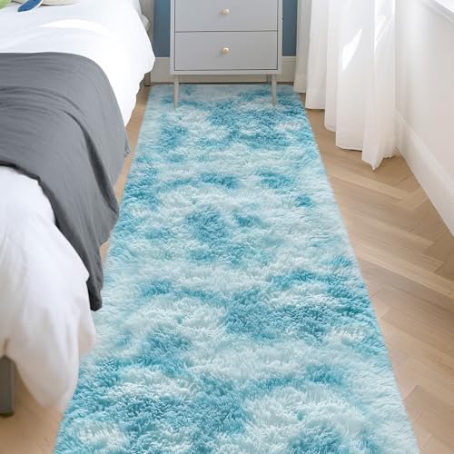 Tie Dyed Sky Blue 2x8 Machine Washable Runner Rugs for Hallway Soft Fluffy Shaggy Bedside Rugs for Bedroom Living Room Indoor Floor Carpet for Kids Girls and Boys Nursery Rooms Home Decor Aesthetic (Tie-dyed Sky Blue / 2' x 8' (Runner))