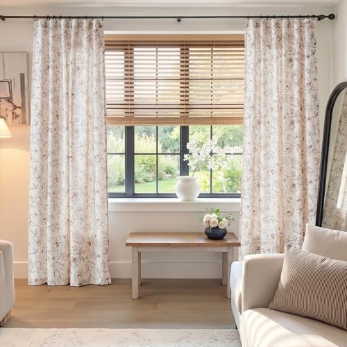 Floral Linen Curtains for Living Room 84 Inch Length Brown Flower Curtain Rod Pocket Back Tab Farmhouse Curtains with Printed Floral Bedroom Window Curtain Set (Penny Brown on Ecru / 50"W x 84"L (Pack of 2))