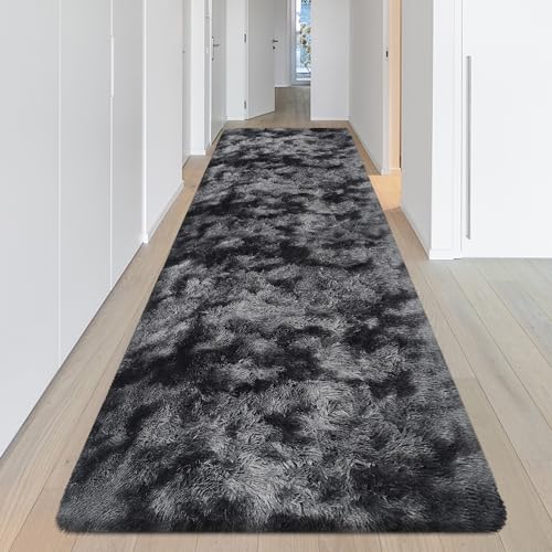 Tie Dyed Runner Rug for Bedroom Black Grey 3x10ft Fluffy Area Rug Bedside Runner Rug for Kids Room Boys Teens Nursery Baby Living Room Dorm Home Decor Carpets (Tie-dyed Black Grey / 3' x 10' (Runner))