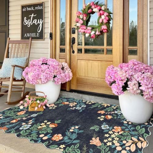 Dark Navy Floral Entry Rug (Floral - Dark Navy / 3' x 5' (Rectangular))